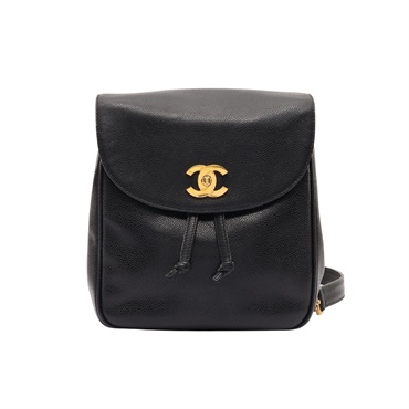 CHANEL 香奈兒 Vintage 後背包 黑色 荔枝紋牛皮 金扣