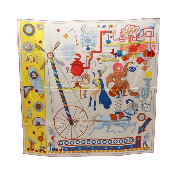 HERMES 愛馬仕 Tea for Two Scarf 90 方巾 米/黃色 絲綢 H003968S