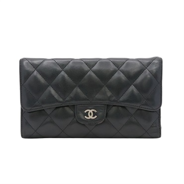 CHANEL 香奈兒 三折釦式長夾 黑色 羊皮 銀扣 (無卡) A31506
