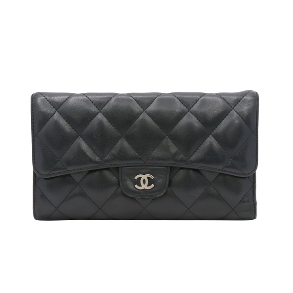 CHANEL 香奈兒 三折釦式長夾 黑色 羊皮 銀扣 (無卡) A31506