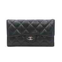 CHANEL 香奈兒 三折釦式長夾 黑色 羊皮 銀扣 (無卡) A31506