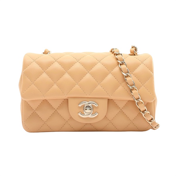 CHANEL 香奈兒 Mini Classic Flap 肩背包 淺褐色 菱格紋 羊皮 金扣 A69900