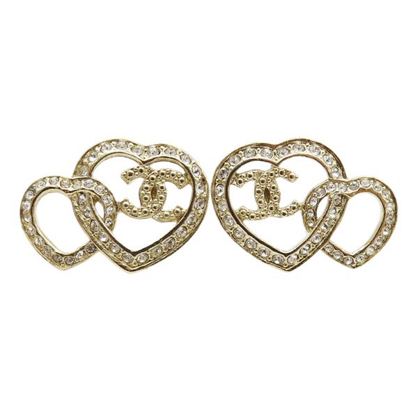金色 合金 經典雙心水鑽 雙C LOGO 耳環