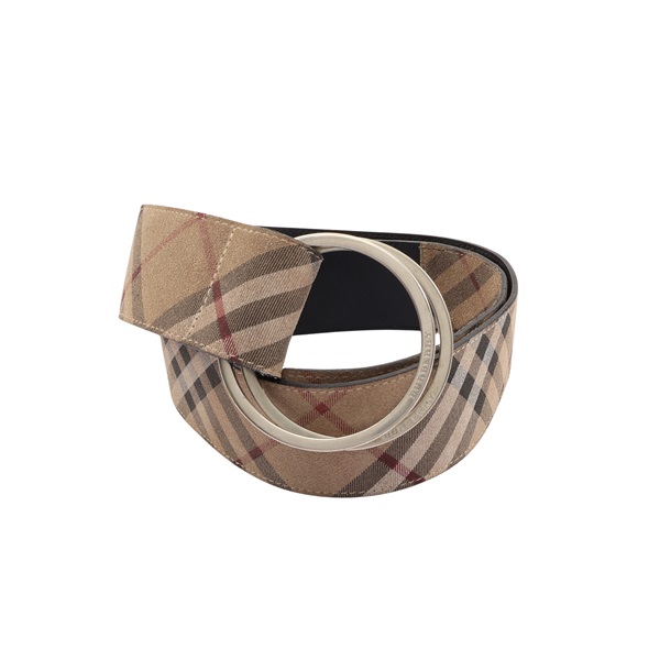 BURBERRY 巴寶莉 皮帶 90cm 棕色 格紋帆布 黑色牛皮