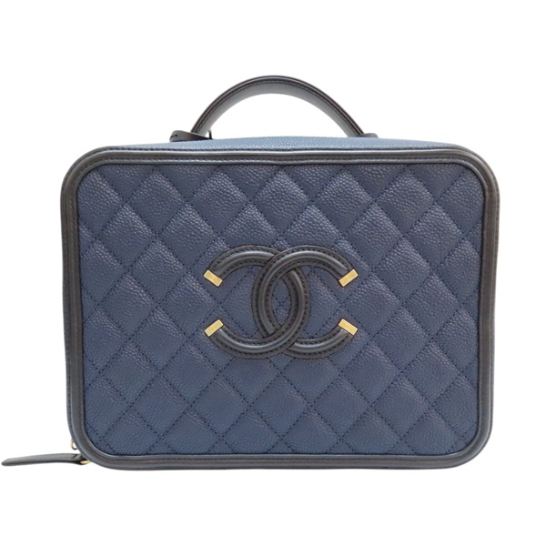 【再降價】藍色 荔枝牛皮 CC Filigree Vanity Case 化妝箱 肩背包【CHANEL 香奈兒】 A93344