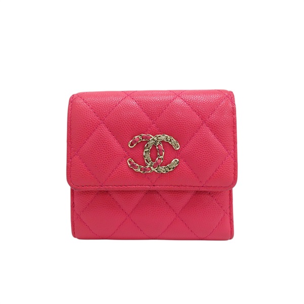 粉色 荔枝紋牛皮 雙C鍊帶 三折短夾