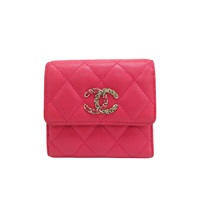 粉色 荔枝紋牛皮 雙C鍊帶 三折短夾