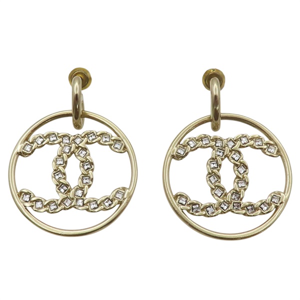 鍍淺金 圓框 LOGO 垂墜 針式耳環【CHANEL 香奈兒】