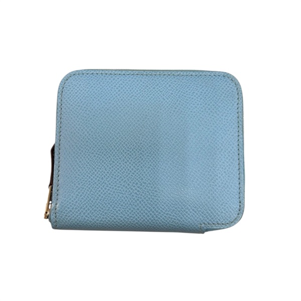 【再降價】藍色 Epsom皮革 Silk'In Compact 拉鍊 短夾 U刻 銀扣【HERMES 愛馬仕】 U刻