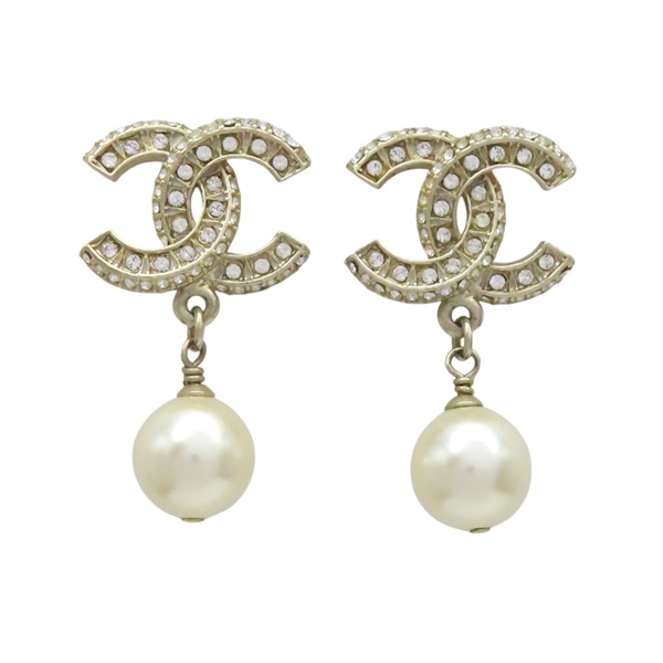 金色鍍金 雙C水鑽 白珠墜飾 耳環【CHANEL 香奈兒】