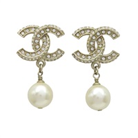 金色鍍金 雙C水鑽 白珠墜飾 耳環【CHANEL 香奈兒】