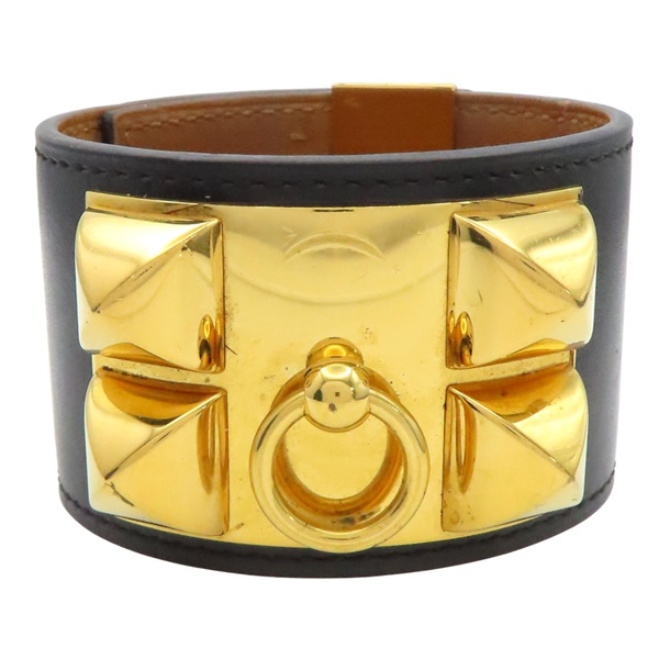 黑色 牛皮 金色鍍金 手環 X刻【HERMES 愛馬仕】