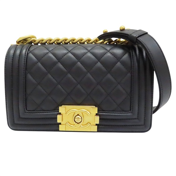 黑色 牛皮 菱格紋 BOY 20 金扣 鍊帶 肩背包 A67085