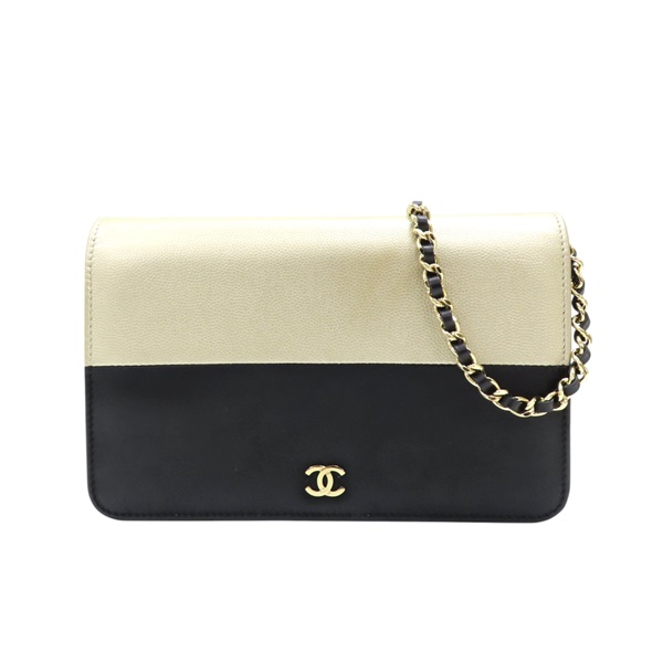 金色荔枝紋牛皮 黑色羊皮 鍊帶 WOC 肩背包 無卡