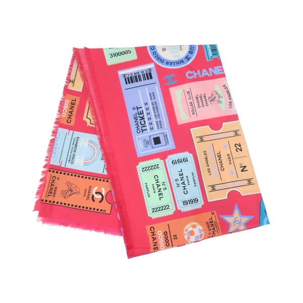 桃色 絲綢 棉布 門票印花 絲巾 圍巾【CHANEL 香奈兒】