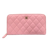 粉紅色 荔枝紋牛皮 CC LOGO 菱格紋 拉鍊長夾 AP0242