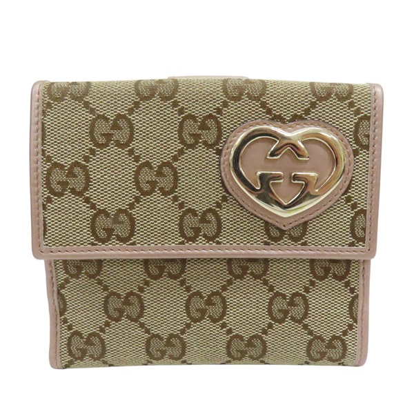 烏木色 GG 緹花帆布 粉色牛皮飾邊 扣式短夾 245727