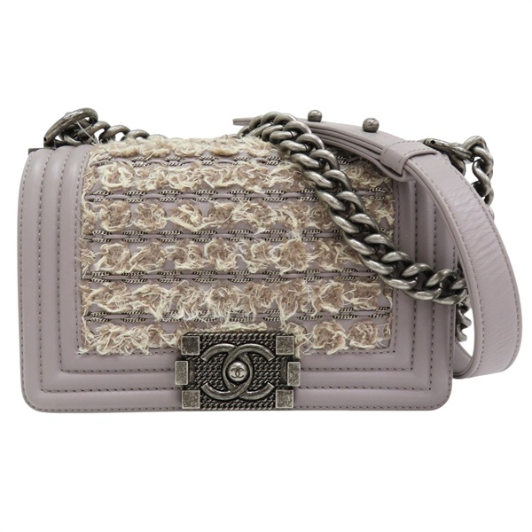 灰色 牛皮 毛呢 Boy20 鍊帶 肩背包 銀扣