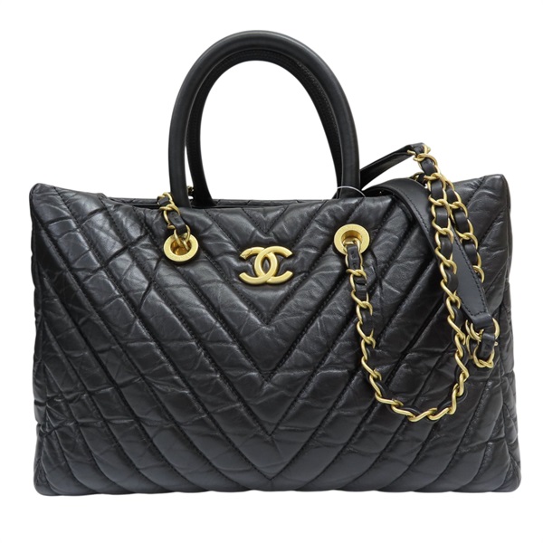 黑色 山形紋 牛皮 两用包 金扣【CHANEL 香奈兒】