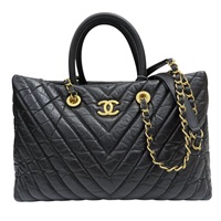 黑色 山形紋 牛皮 两用包 金扣【CHANEL 香奈兒】