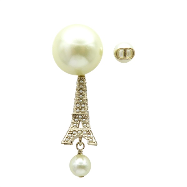 金/白色 鍍金 珍珠 艾菲爾鐵塔 垂墜 不對稱 針式耳環【CHANEL 香奈兒】 E2833WOMRS_D301