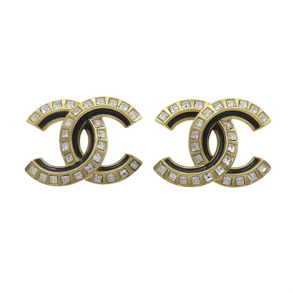 金色鍍金 黑色漆面 雙C水鑽耳環【CHANEL 香奈兒】