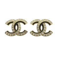 金色鍍金 黑色漆面 雙C水鑽耳環【CHANEL 香奈兒】