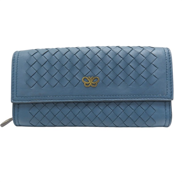 藍色 羊皮編織 扣式長夾