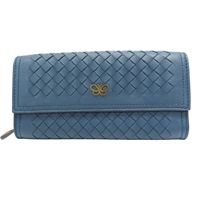 藍色 羊皮編織 扣式長夾