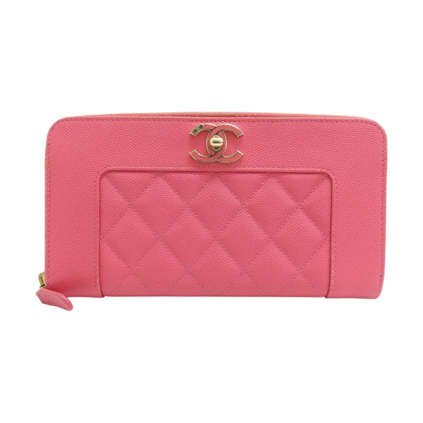 粉色  菱格紋 牛皮 拉鍊 長夾