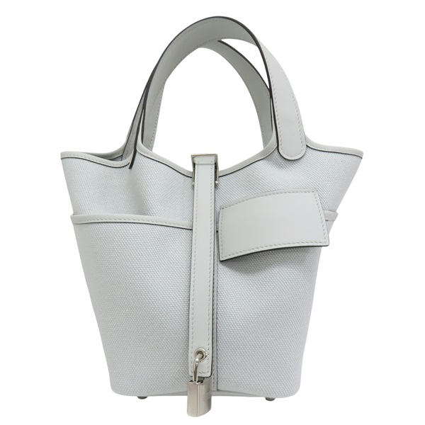 水藍色 Toile帆布 Swift牛皮 Picotin18 手提包 W刻