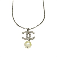 銀色鍍金 珍珠墜飾 雙C 項鍊 掉漆【CHANEL 香奈兒】