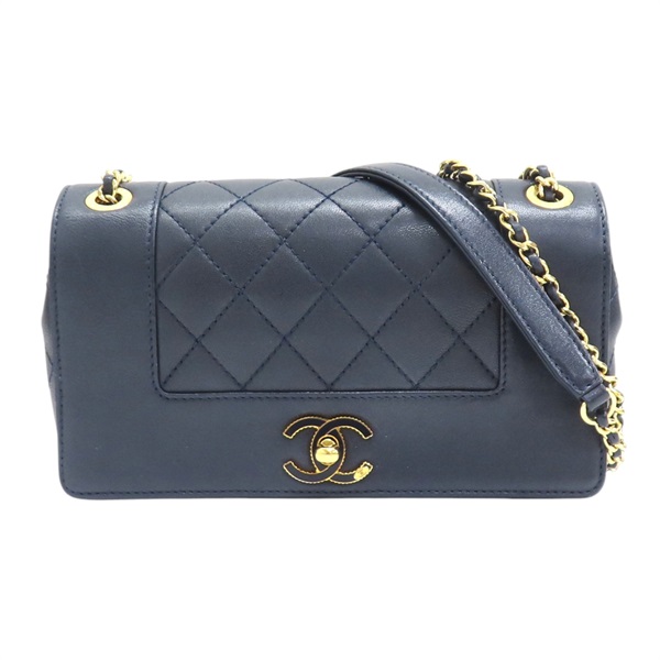 深藍色 牛皮 菱格紋 Mademoiselle 鍊帶 肩背包 金扣【CHANEL 香奈兒】