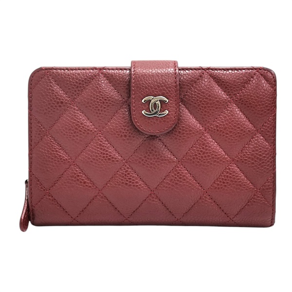深紅色 牛皮 菱格紋 銀扣 兩折中夾【CHANEL 香奈兒】