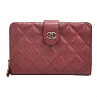 深紅色 牛皮 菱格紋 銀扣 兩折中夾【CHANEL 香奈兒】