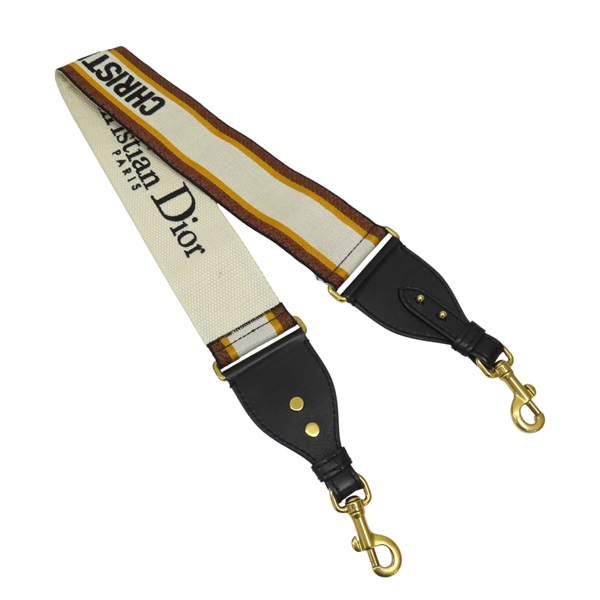 黑色牛皮 白/黃帆布 線繡 肩背帶 金扣【Dior 迪奧】