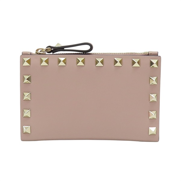 藕粉色 牛皮 鉚釘 金扣 兩折短夾 【Valentino 范倫鐵諾】