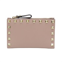 藕粉色 牛皮 鉚釘 金扣 兩折短夾 【Valentino 范倫鐵諾】