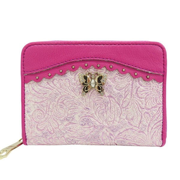 粉色 帆布拚牛皮 卡片零錢包【ANNA SUI 安娜蘇】