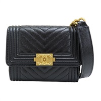 黑色 山型紋 荔枝牛皮 Boy 鍊帶 肩背包 金扣【CHANEL 香奈兒】 AP2206