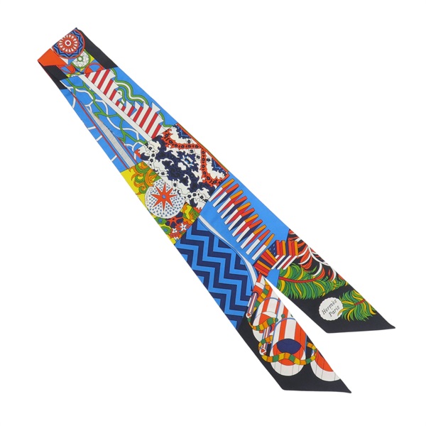 藍色/黃色 絲綢 De l'Ombrelle aux Duels twilly 絲巾 【HERMES 愛馬仕】