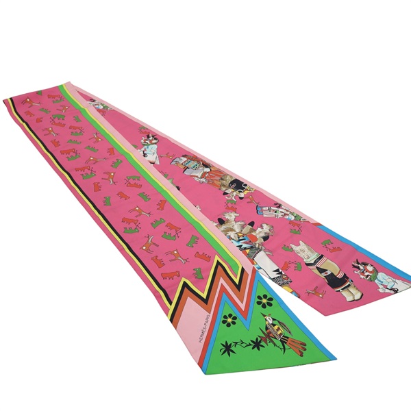 粉色 Kachinas Maxi Twilly Cut 絲綢 絲巾【HERMES 愛馬仕】