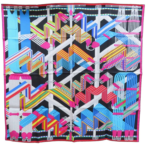 黑色 Sangles en Zigzag 絲綢 絲巾 90*90【HERMES 愛馬仕】