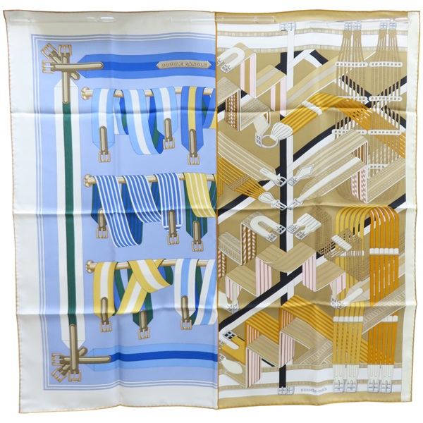 藍/棕色 Double Sangle 絲綢 絲巾 90*90【HERMES 愛馬仕】