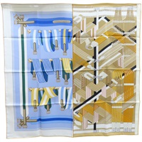 藍/棕色 Double Sangle 絲綢 絲巾 90*90【HERMES 愛馬仕】