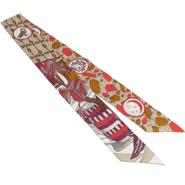 卡其/紅色 真絲 絲巾 La Danse des Amazones Twilly【HERMES 愛馬仕】