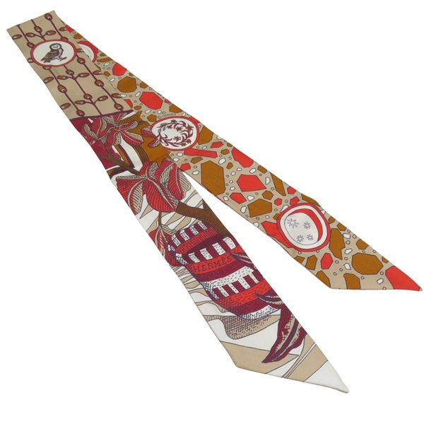 卡其/紅色 La Danse des Amazones Twilly 絲巾【HERMES 愛馬仕】