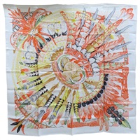 白色 Danse Pacifique 絲綢 絲巾 90*90【HERMES 愛馬仕】