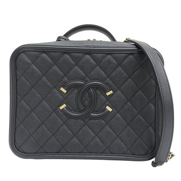 黑色 荔枝牛皮 CC Filigree Vanity Case 肩背包 金釦【CHANEL 香奈兒】 A93344
