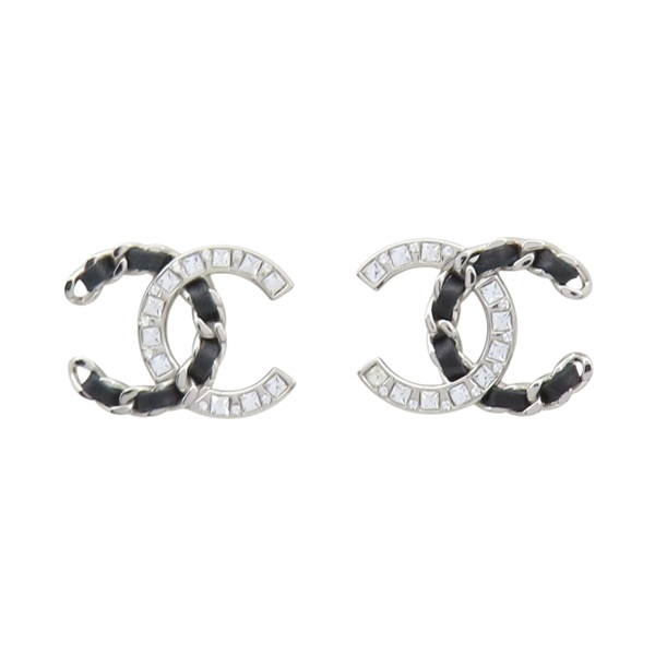 銀色鍍金 黑色皮革 CC水晶 耳環【CHANEL 香奈兒】 ABG274
